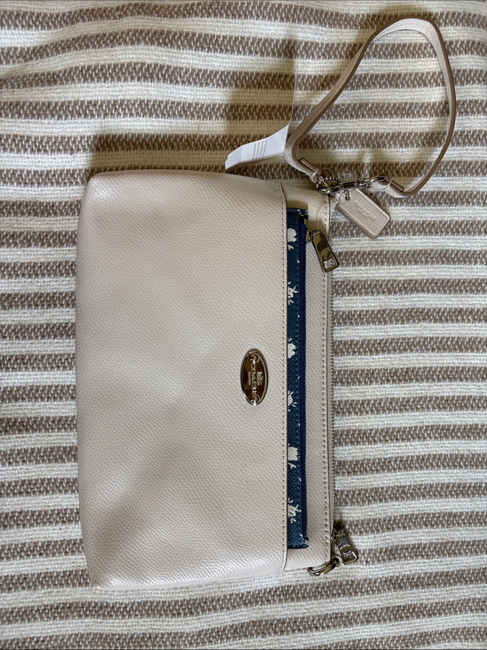 Coach Chalk Leather Wristlet with Navy Signature Trim